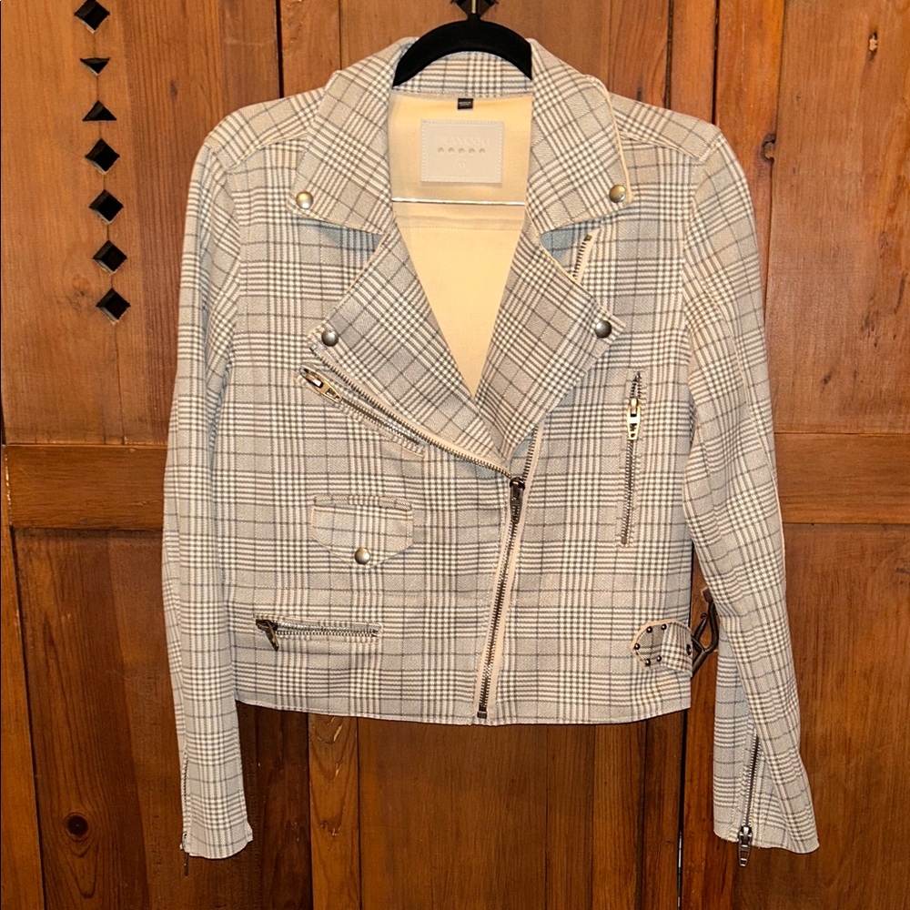Blank NYC Plaid Moto Jacket - Light Gray & Cream